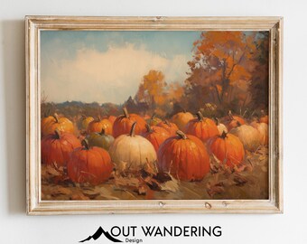 Impresión de pintura al óleo vintage de un huerto de calabazas / Arte mural rústico de cosecha otoñal (descarga digital)