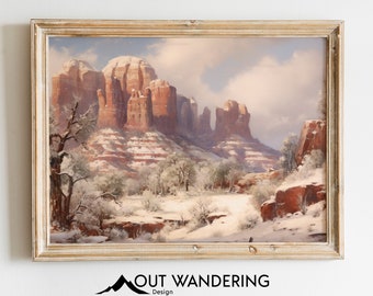 Vintage Sedona Mountains Print | Winter Wonderland Oil Painting (Digital Download)