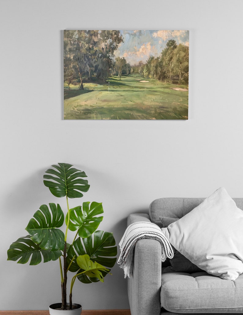 May include: A painting of a golf course with green grass and trees in the background. The sky is blue with white clouds.