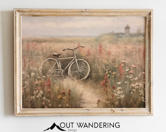 Vintage Fahrrad Blumenfeld Kunstdruck | Rustikales Ölbild als Wanddekoration (Digitaler Download)