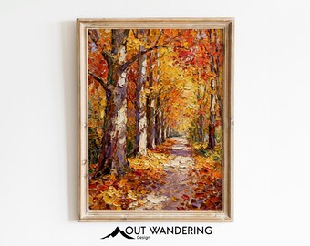 Heavy Impasto Autumn Forest Path Oil Painting Print, Woodland Landscape (Digital Download)