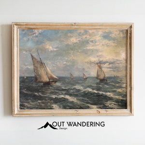 Vintage Style Sailboat Open Ocean Print | Nautical Rustic Oil Painting | Neutral Seascape Printable Wall Decor