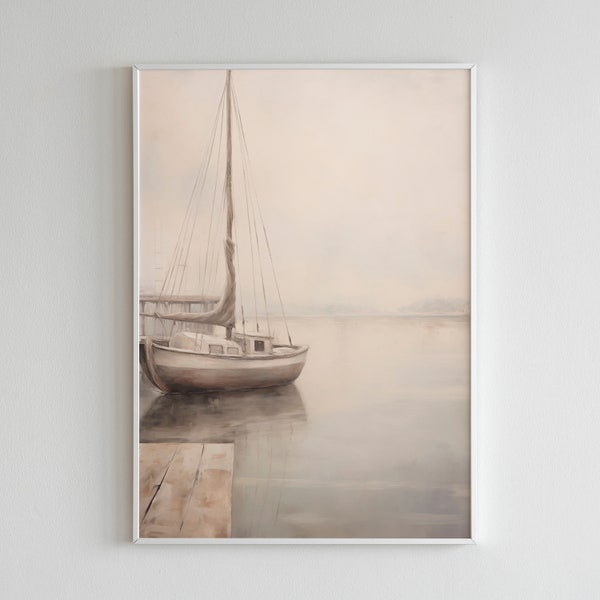 Vintage Style Muted Sailboat Dock Print | Nautical Oil Painting | Neutral Seascape Printable Wall Decor