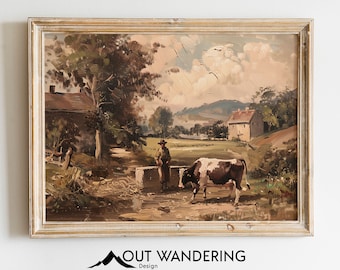 Stampa a olio di un contadino di mucche d'epoca / Arte murale rustica in stile fattoria (download digitale)
