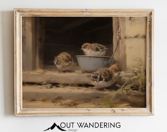 Escena de animales de granja de estilo vintage / Impresión de pintura al óleo vintage / Arte de pared imprimible de estilo rústico