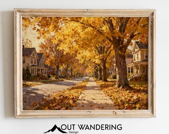 Vintage Autumn Street Oil Painting Print – Victorian Houses Fall Foliage (Digital Download)
