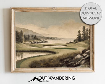 May include: A digital painting of a golf course with a green fairway, a lake, and trees in the background. The sky is a soft blue with clouds. The painting is framed in a light wood frame.