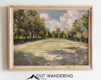 Vintage Tennis Court Park Oil Painting Print | Serene Sports Wall Art (Digital Download)