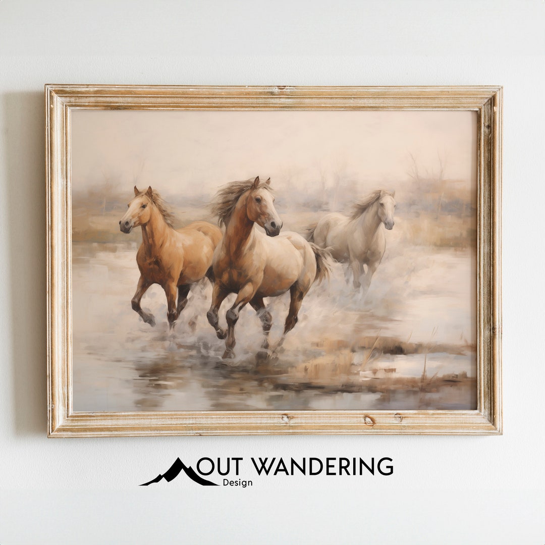 Vintage Wild Horses Oil Painting | Antique Equestrian Print | Farmhouse ...