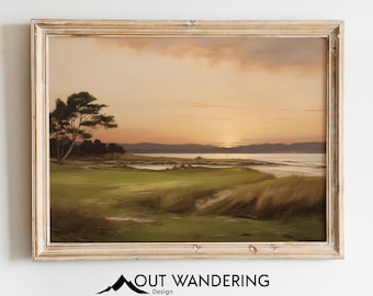 May include: A framed landscape painting of a golf course at sunset. The artwork features a green golf course, tall grass, and a body of water under an orange and yellow sky. The frame is a light, distressed wood. The text "OUT WANDERING Design" is at the bottom.
