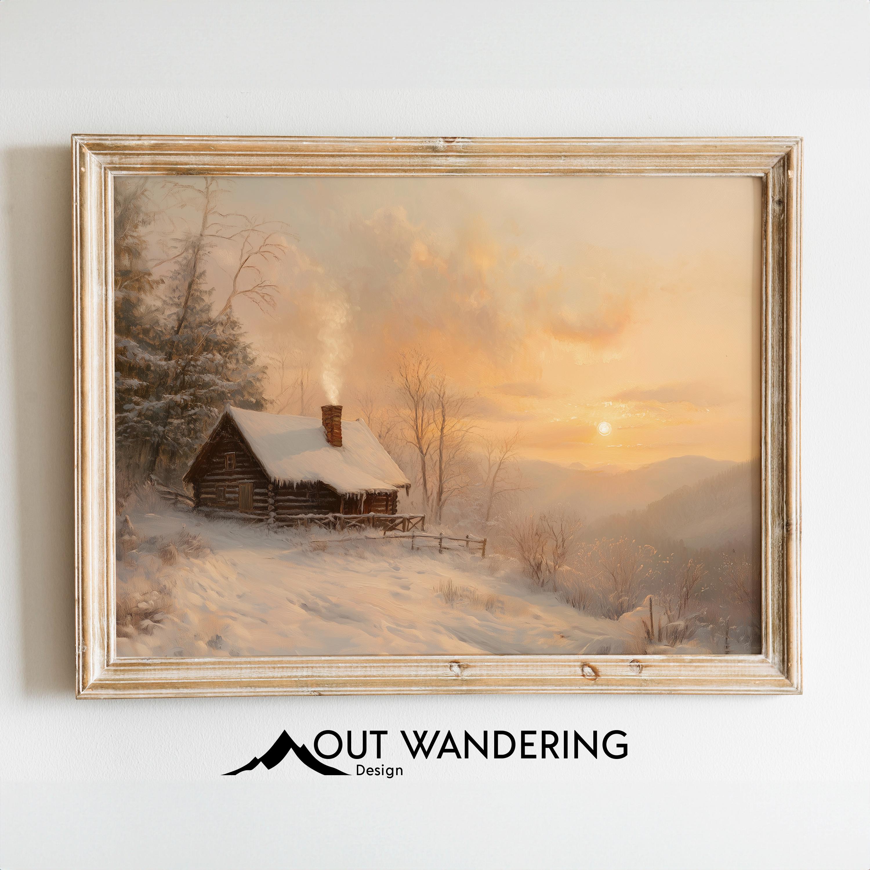 Snow Log Cabin Vintage Art Oil Painting | Winter Sunset Season ...