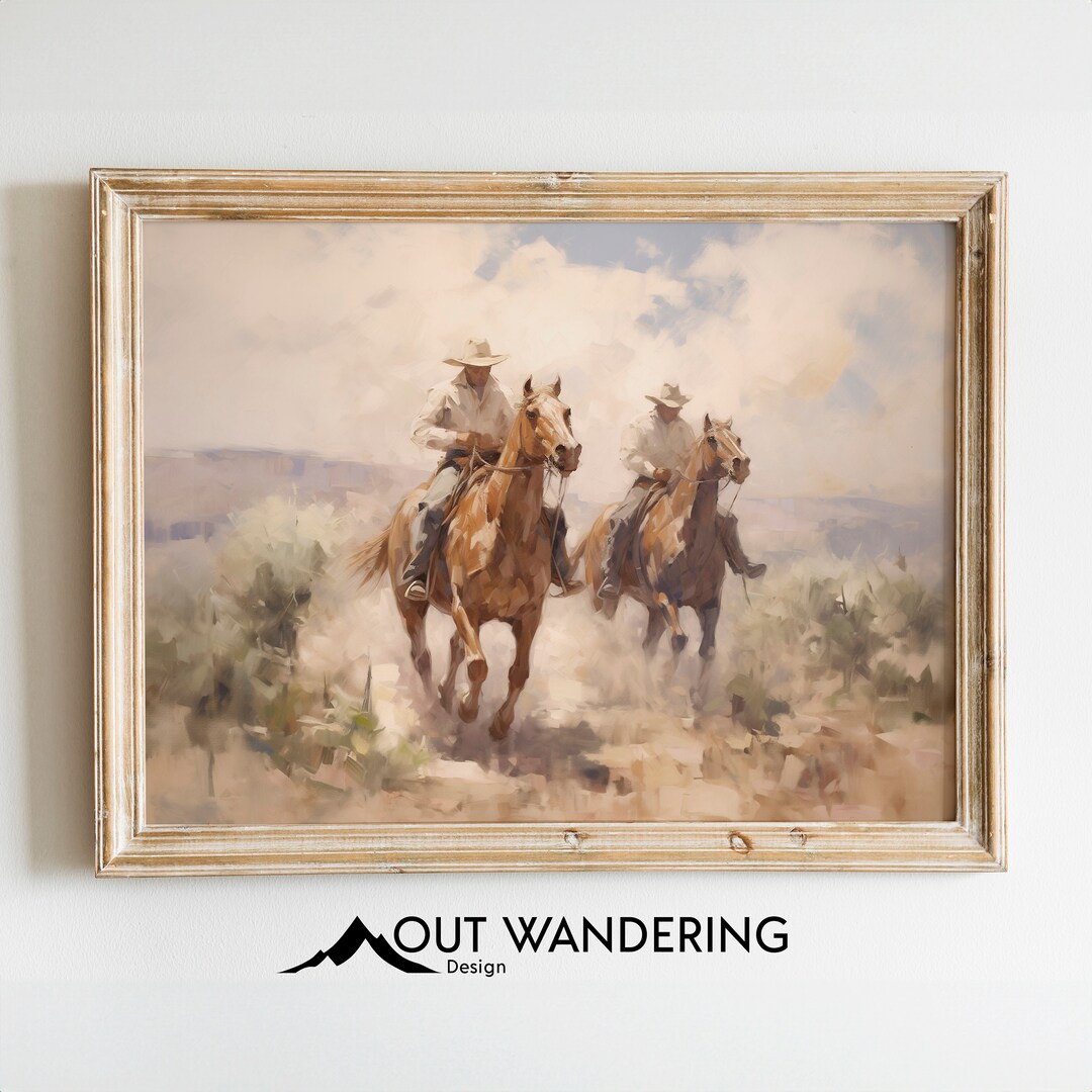 Cowboy Horse Riding Southwest Oil Painting Print | Vintage Western Wall ...