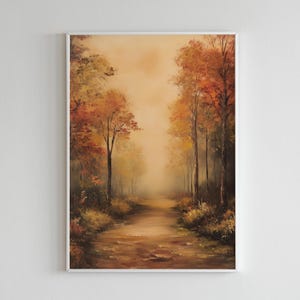 Fall Colors Tree Lined Walking Path Landscape Art | Vintage Rustic Digital Print Oil Painting | Autumn Farmhouse Decor Moody Earth Tones