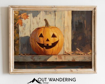 Impresión de pintura al óleo vintage de Jack-O-Lantern / Arte rústico de pared de Halloween (descarga digital)