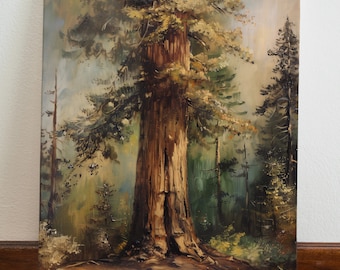 May include: A painting of a large, brown tree in a forest setting. The tree is surrounded by smaller trees and bushes, and the background is a hazy blue.