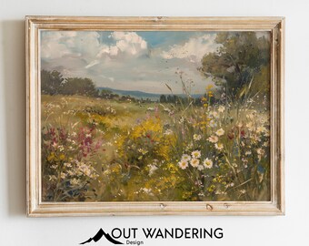 Wildflower Field Spring Landscape | Vintage Oil Painting Print | Botanical Printable Wall Art