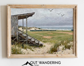 Coastal Baseball Field Oil Painting Print: Seaside Sports Art (Digital Download)
