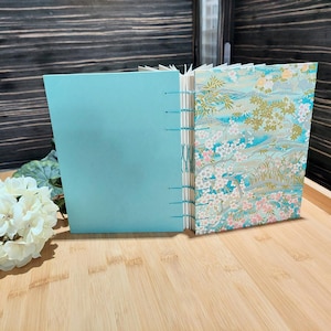 lay flat watercolor sketchbook, handbound, 140lb/300gsm, handmade sketchbook, coptic book, artist gift, Chiyogami, Japan, art journal