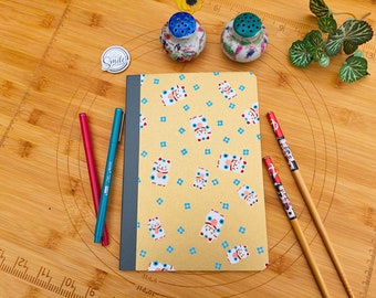 Grid Japanese Notebook, Lucky Cat Chiyogami Cover, Muji Recycled Paper