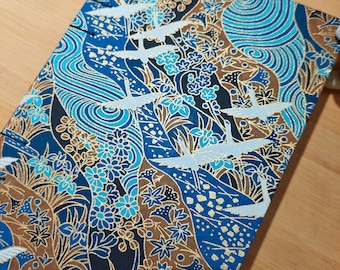 Handbound Coptic Stitch Sketchbook: blues, black and gold crane design Chiyogami cover, Lay Flat, Artist Gift, watercolor sketchboook