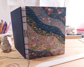 Handbound Coptic Stitch Sketchbook: Navy Chiyogami Cover, Lay Flat, Artist Gift, mini watercolor sketchboook
