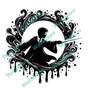 May include: A black and white silhouette of a wizard casting a spell, set against a white background. The wizard is framed by a decorative, swirling black border with dripping accents. The wizard is holding a wand.