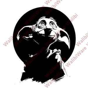 May include: A high-contrast black and white graphic illustration of a fictional creature with large, pointed ears and wide, upward-gazing eyes. The character is framed within a circular background, rendered in a stylised, ink-like artistic aesthetic.