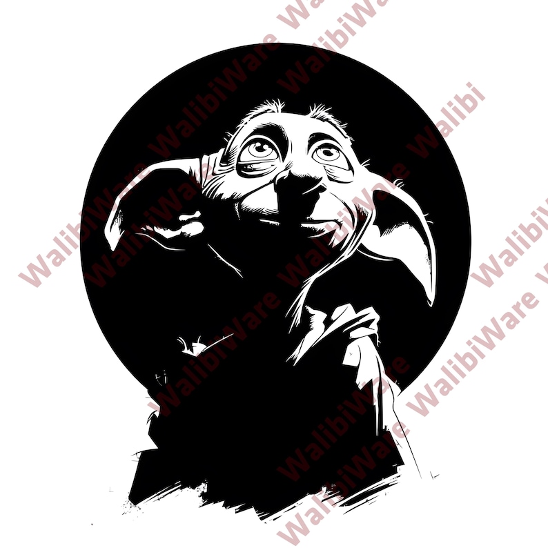 May include: A high-contrast black and white graphic illustration of a fictional creature with large, pointed ears and wide, upward-gazing eyes. The character is framed within a circular background, rendered in a stylized, ink-like artistic aesthetic.