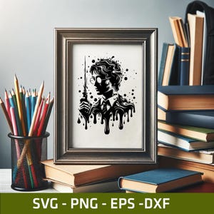 May include: A framed black and white art print depicting a silhouette of a person with glasses holding a wand, with a dripping effect. The frame is dark brown. Pencils in a black holder and books are in the background. The text "SVG - PNG - EPS - DXF" is at the bottom.