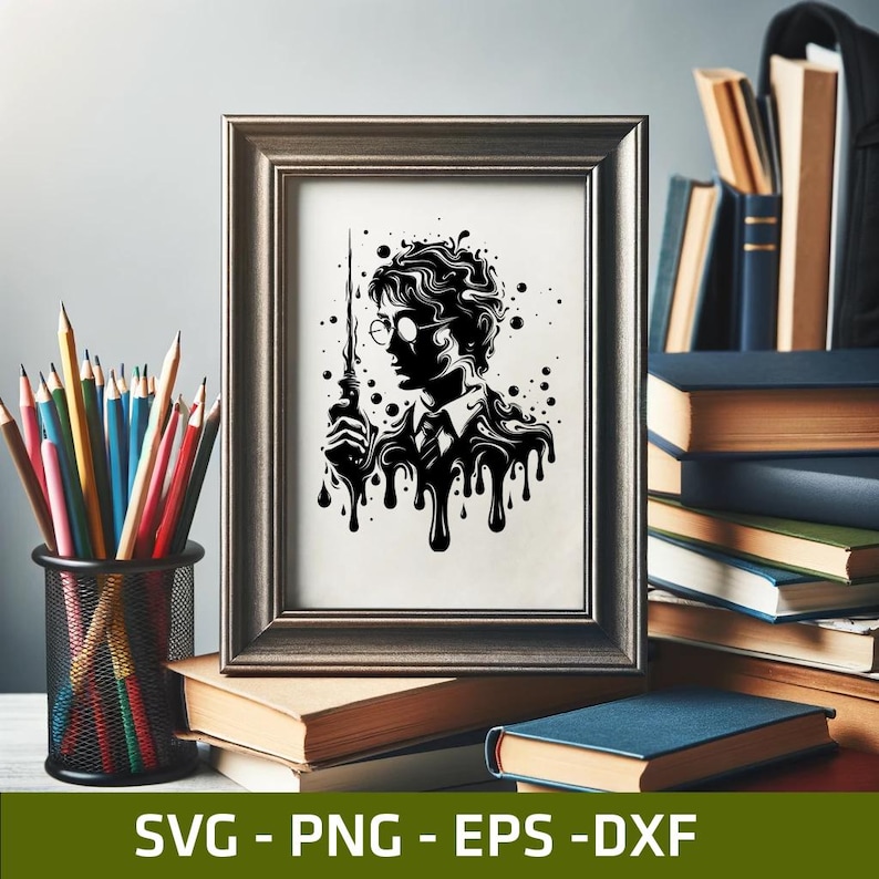 May include: A framed black and white art print depicting a silhouette of a person with glasses holding a wand, with a dripping effect. The frame is dark brown. Pencils in a black holder and books are in the background. The text "SVG - PNG - EPS - DXF" is at the bottom.