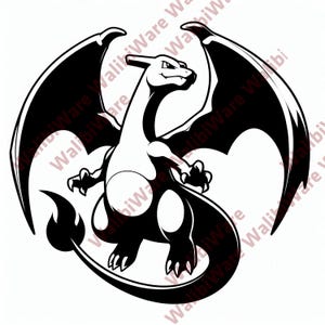 May include: Black and white illustration of a Charizard, a dragon-like Pokémon. The image features the creature with its wings spread, claws extended, and a flame at the end of its tail. The design is a stylized, graphic representation.