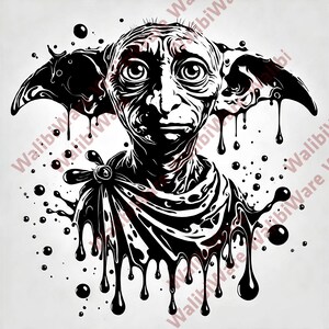 May include: A black and white illustration of a creature with large ears and eyes, with a dripping ink design. The image features a detailed face and a decorative collar.
