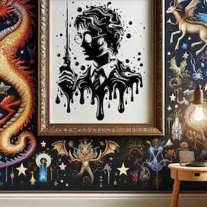 May include: A framed black and white silhouette art print of a person holding a wand, with a dripping effect. The print is in a gold frame, set against a dark, patterned wallpaper with fantasy creatures and stars. The bottom of the image has the text: SVG - PNG - EPS - DXF.