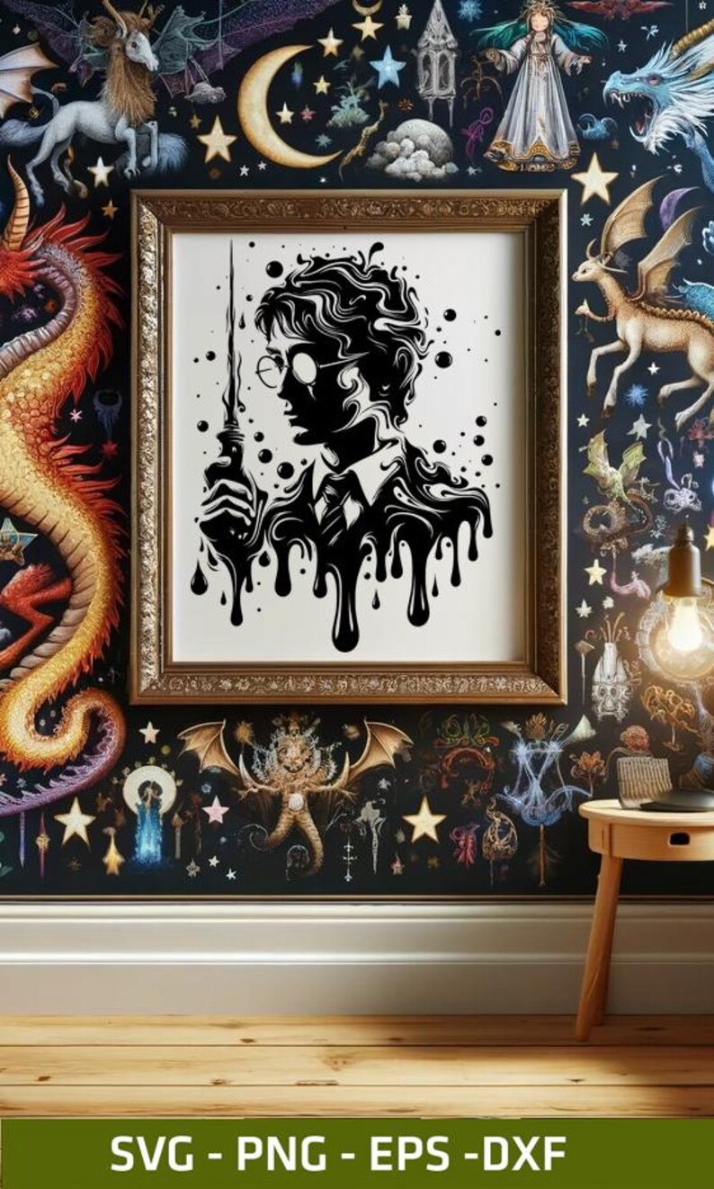 May include: A framed black and white silhouette art print of a person holding a wand, with a dripping effect. The print is in a gold frame, set against a dark, patterned wallpaper with fantasy creatures and stars. The bottom of the image has the text: SVG - PNG - EPS - DXF.