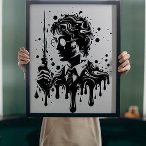 May include: Black and white framed art print depicting a silhouette of a person with glasses holding a wand. The image has a dripping paint effect. The bottom of the frame has the text "SVG - PNG - EPS - DXF".