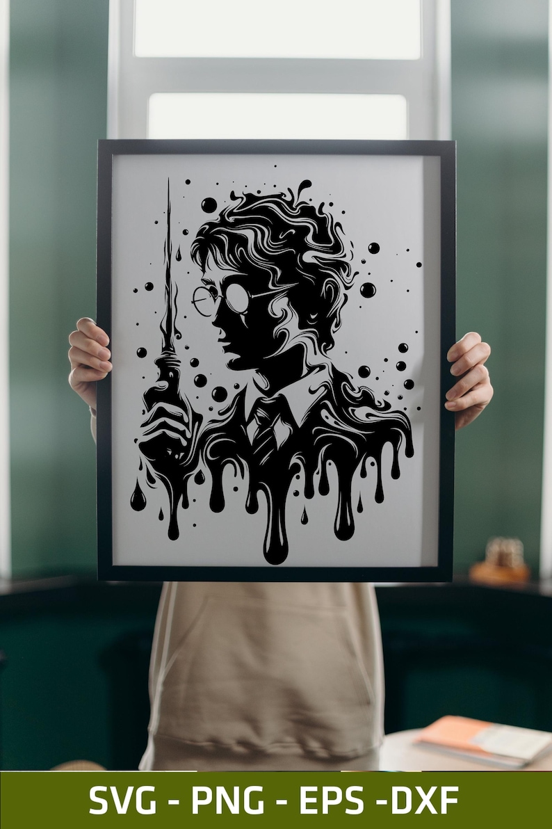 May include: Black and white framed art print depicting a silhouette of a person with glasses holding a wand. The image has a dripping paint effect. The bottom of the frame has the text "SVG - PNG - EPS - DXF".