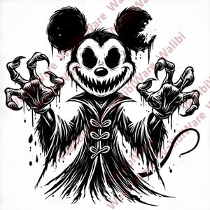 May include: A black and white illustration of a spooky Mickey Mouse character. The character has a menacing grin with sharp teeth, empty eyes, and claw-like hands. He is wearing a dark cloak with decorative bows.
