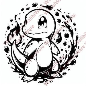May include: Black and white illustration of a cartoon character with a flame on its tail, surrounded by stylized water droplets. The character has large eyes and a friendly expression, set against a white background.