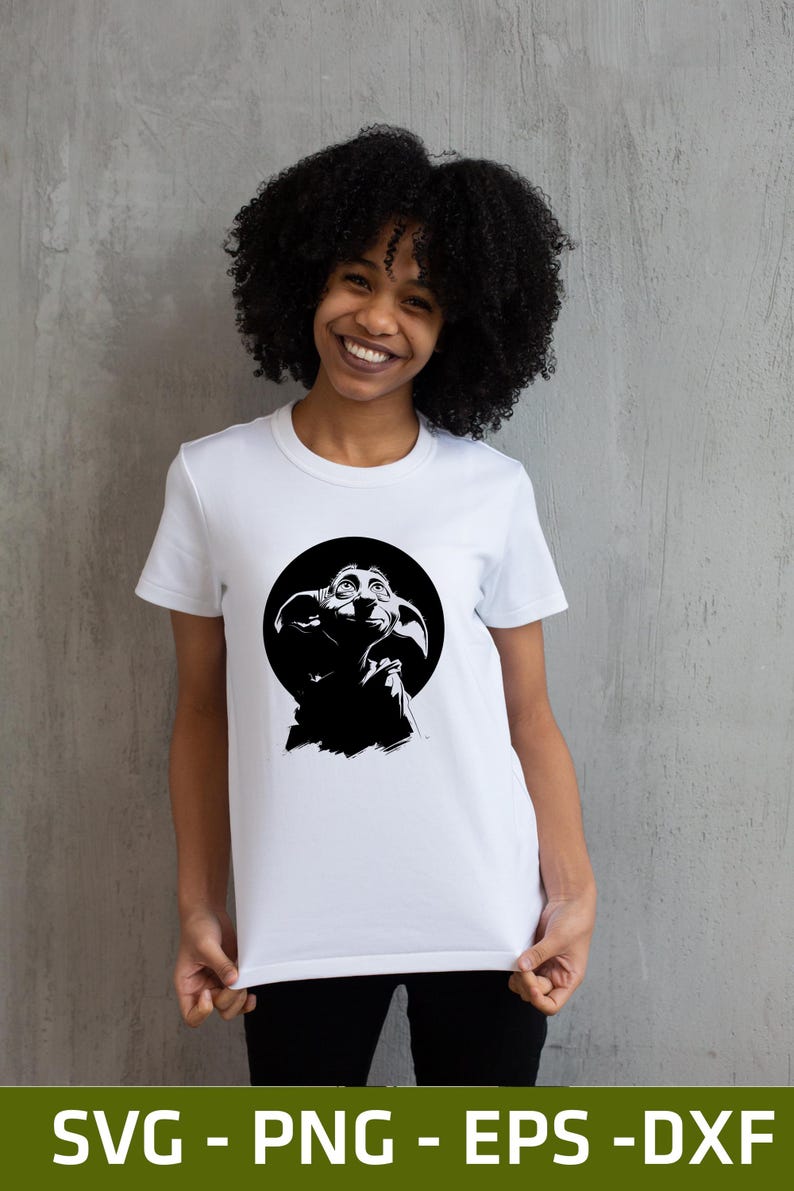 May include: A white short-sleeved t-shirt featuring a black graphic print of a house-elf character with large ears and wide eyes centered within a solid black circle on the chest. The design is presented as a digital file format listing SVG, PNG, EPS, and DXF.