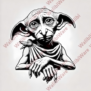 May include: A black and white illustration of a fictional character with large ears and a sorrowful expression. The character is wearing a draped garment and has hands resting on a surface. The image is a detailed drawing.