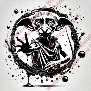 May include: Black and white illustration of a creature with large ears and expressive eyes, surrounded by a dark, fluid-like border with droplets. The creature is reaching out with one hand.