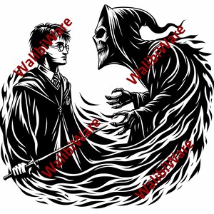 Peut inclure: Illustration en noir et blanc d'un sorcier face à une figure squelettique. Le sorcier, portant des lunettes et une robe, tient une baguette. La figure squelettique, vêtue d'une cape et d'une capuche, a les mains tendues. Thème fantastique.