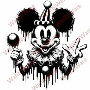 May include: Black and white illustration of a cartoon character dressed as a clown. The character has a red nose, a ruffled collar, and a striped hat. It is holding a round object and has a dripping paint effect.