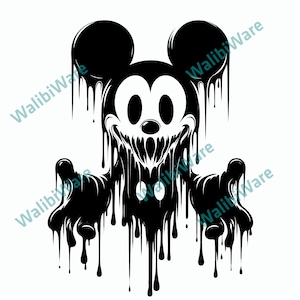 May include: A black and white graphic of a stylized Mickey Mouse with a dripping, melting effect. The iconic character's face and ears are recognizable, with the black ink dripping down, creating a spooky, Halloween-themed design.