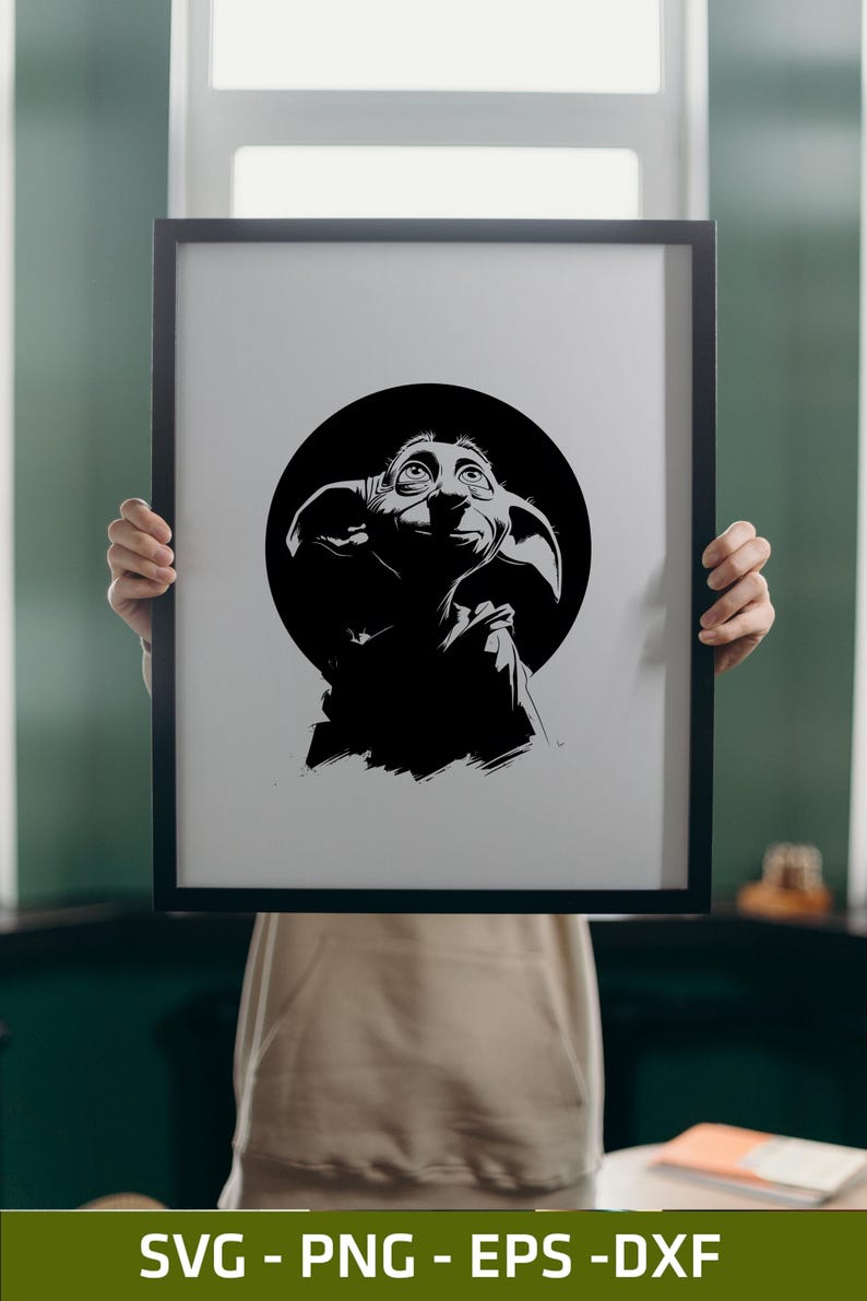 May include: A black and white digital illustration of a small creature with large ears and wide eyes, centered within a black circle inside a rectangular black frame. The text SVG - PNG - EPS - DXF is printed in white at the bottom of the image.