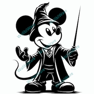 May include: Black and white illustration of Mickey Mouse dressed as a wizard, wearing a pointed hat, robe, and holding a wand. The cartoon character is smiling and has one hand raised.