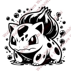 Może przedstawiać: Czarno-biała ilustracja postaci Bulbasaur z dużymi oczami i plamami. Obraz zawiera bąbelki i stylizowany kształt płomienia na plecach, wszystko w odważnym, graficznym stylu.