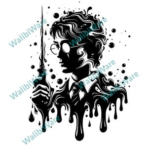 Könnte beinhalten: Schwarz-Weiß-Illustration einer Person mit Brille und Krawatte, die einen Zauberstab hält. Das Bild hat ein stilisiertes, flüssigkeitsähnliches Design mit tropfenden Effekten und schwebenden Kugeln.