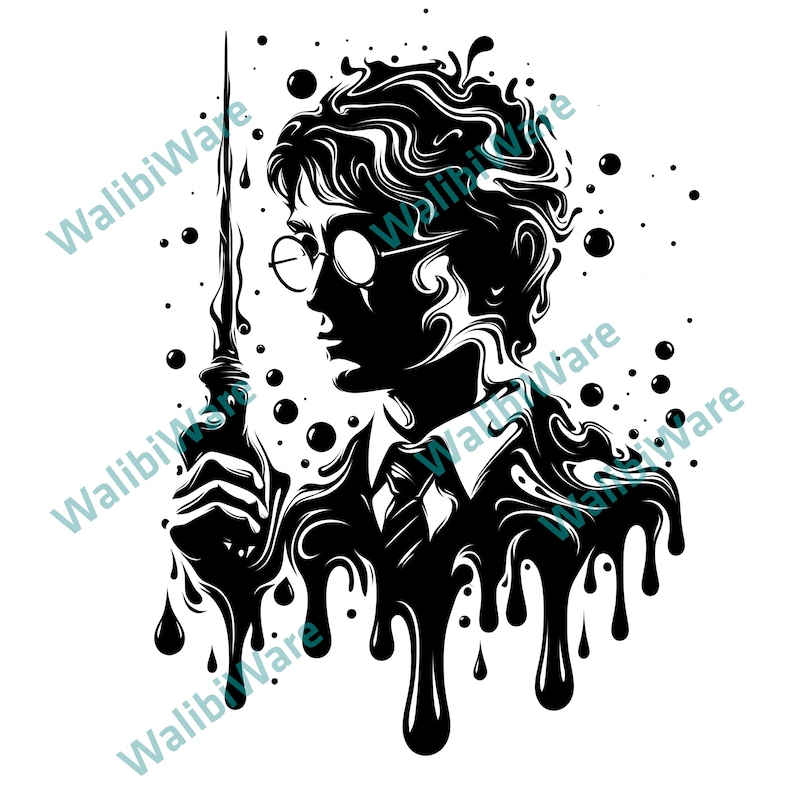 May include: A black and white illustration of a person wearing glasses and a tie, holding a wand. The image features a liquid-like design with dripping effects and floating orbs.