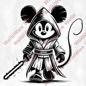 Könnte beinhalten: Schwarz-Weiß-Illustration einer Cartoon-Mausfigur mit Kapuzenrobe und Lichtschwert. Die Figur hat große runde Ohren und einen langen Schwanz. Das Bild ist ein stilisiertes Design.